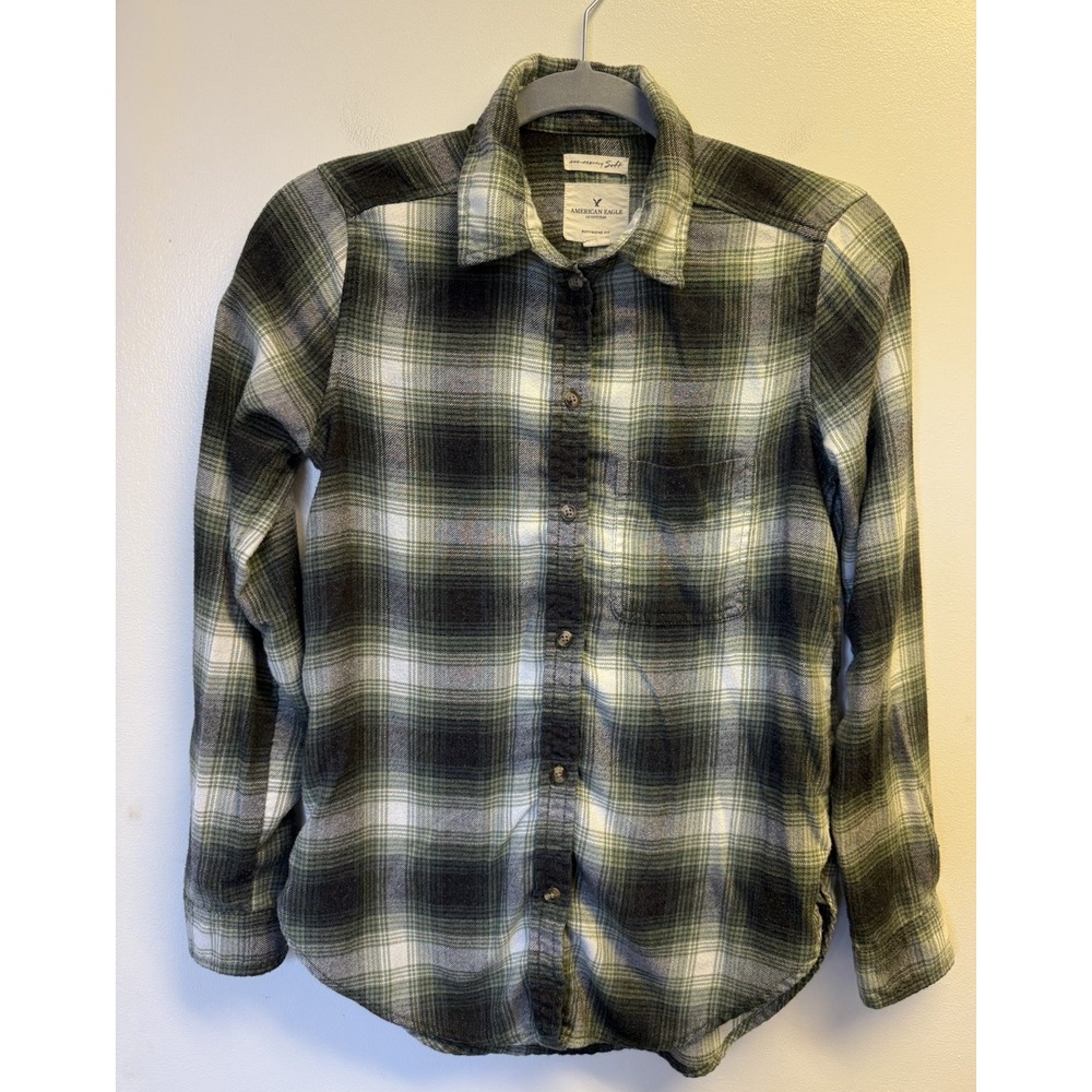 American Eagle Top Ahh-Mazingly Soft Flannel Shirt XS Boyfriend Fit Green Plaid